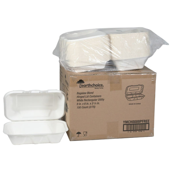 Pactiv Evergreen EarthChoice PFAS Free Compostable Hinged Lid Container, 9 x 6 x 3, Natural, Sugarcane, 150/Carton (PCTYMCH0089PFFR) Case of 150