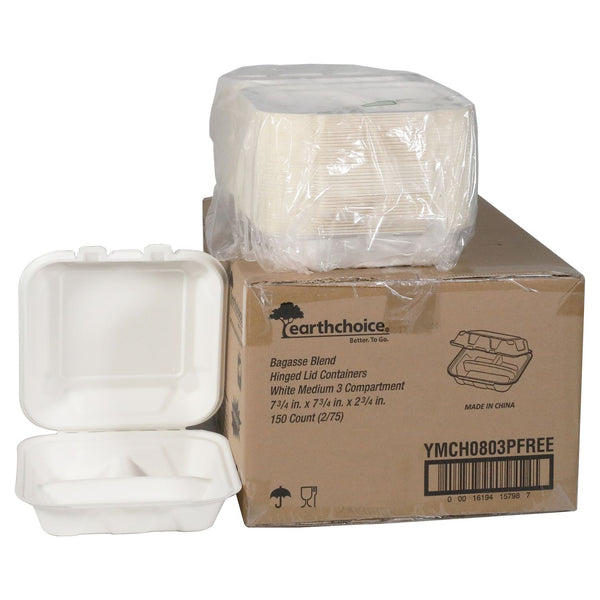 Pactiv Evergreen EarthChoice PFAS Free Compostable Hinged Lid Container, 3-Compartment, 8 x 8 x 3, Natural, Sugarcane, 150/Carton (PCTYMCH0803PFFR) Case of 150