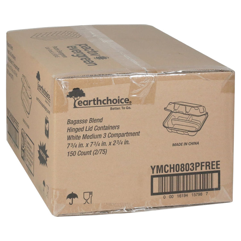 Pactiv Evergreen EarthChoice PFAS Free Compostable Hinged Lid Container, 3-Compartment, 8 x 8 x 3, Natural, Sugarcane, 150/Carton (PCTYMCH0803PFFR) Case of 150