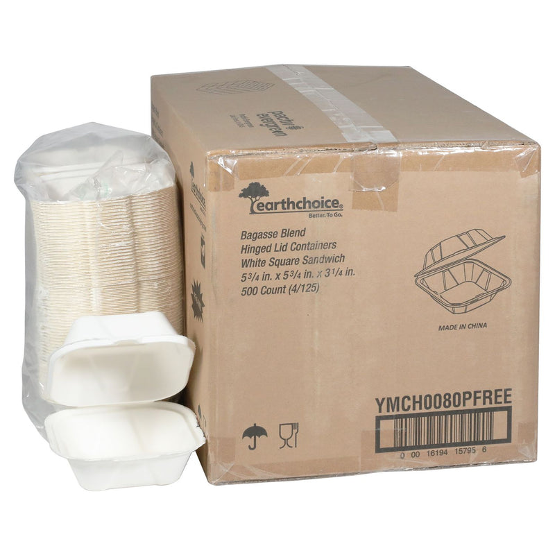 Pactiv Evergreen EarthChoice PFAS Free Compostable Hinged Lid Container, 6 x 6 x 3, Natural, Sugarcane, 500/Carton (PCTYMCH0080PFFR) Case of 500
