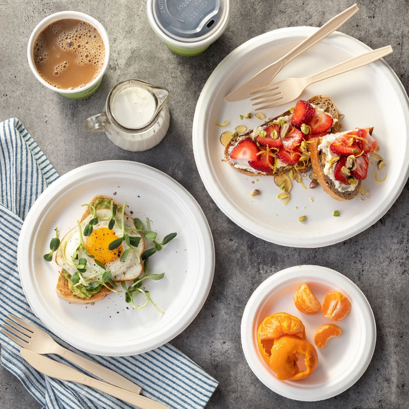 Pactiv Evergreen EarthChoice PFAS Free Compostable Dinnerware, Plate, 9" dia, Natural, 500/Carton (PCTYMC50009PFFR) Case of 500