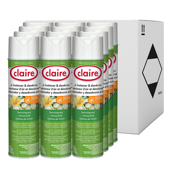 Claire Aerosol Air Freshener and Deodorizer, Lemongrass Citronella, 12 oz Aerosol Spray, 12 Cans (CGC1307) Each