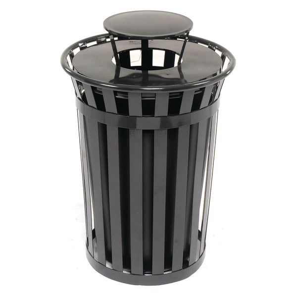 Global Industrial® Outdoor Slatted Steel Trash Can, Rain Bonnet Lid, 36 gal, Black (GBE260804BK) Each