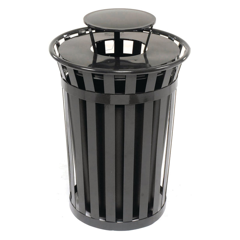Global Industrial® Outdoor Slatted Steel Trash Can, Rain Bonnet Lid, 36 gal, Black (GBE260804BK) Each
