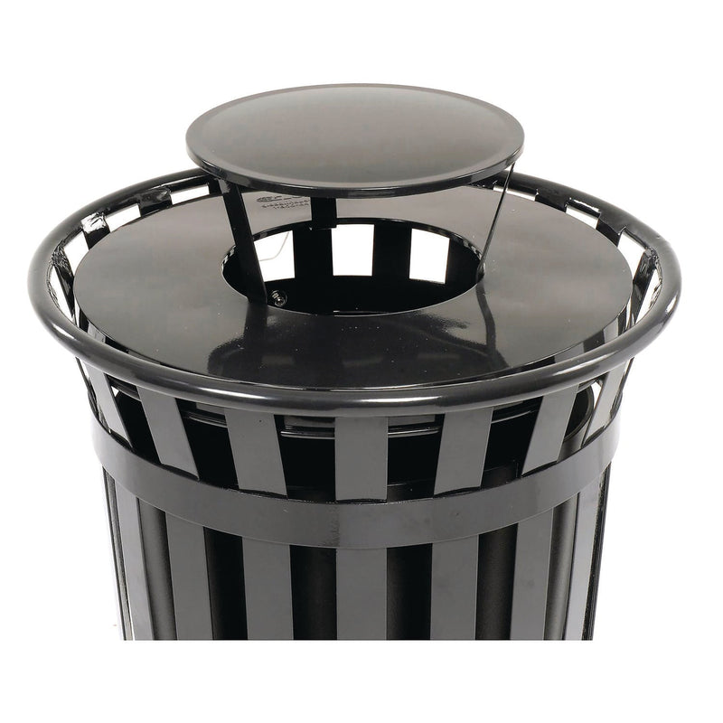 Global Industrial® Outdoor Slatted Steel Trash Can, Rain Bonnet Lid, 36 gal, Black (GBE260804BK) Each