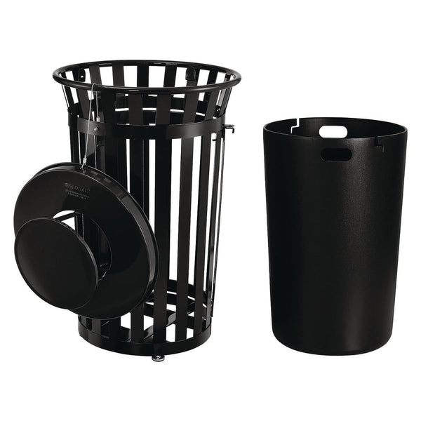 Global Industrial® Outdoor Slatted Steel Trash Can, With Access Door and Rain Bonnet Lid, 36 gal, Black (GBE261941BK) Each