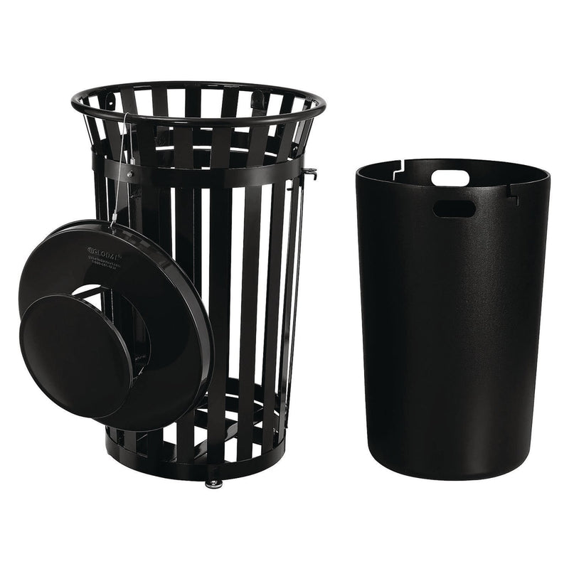 Global Industrial® Outdoor Slatted Steel Trash Can, With Access Door and Rain Bonnet Lid, 36 gal, Black (GBE261941BK) Each
