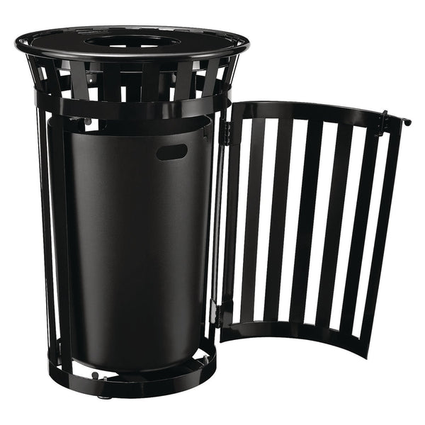 Global Industrial® Outdoor Slatted Steel Trash Can, With Access Door, 36 gal, Steel Black (GBE261940BK) Each