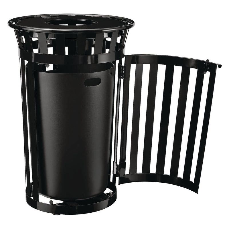 Global Industrial® Outdoor Slatted Steel Trash Can, With Access Door, 36 gal, Steel Black (GBE261940BK) Each