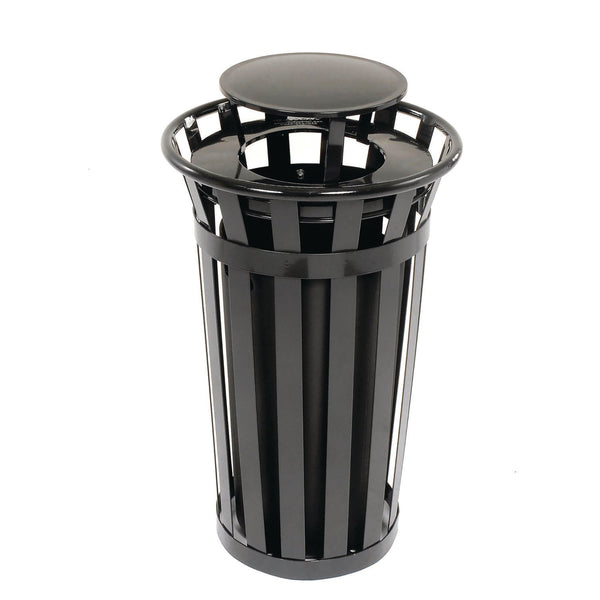 Global Industrial® Outdoor Slatted Steel Trash Can, Rain Bonnet Lid, 24 gal, Black (GBE260803BK) Each