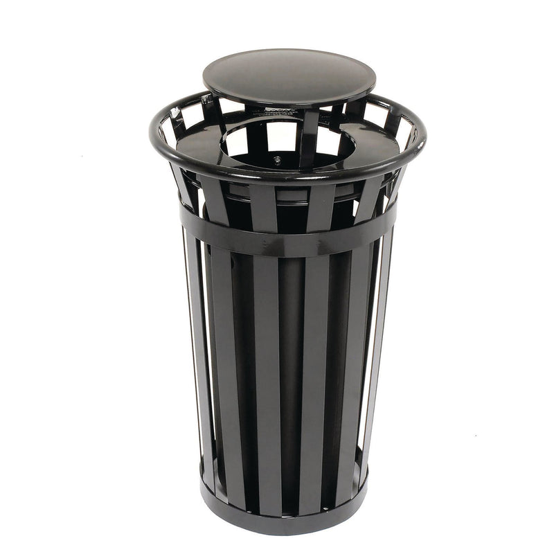 Global Industrial® Outdoor Slatted Steel Trash Can, Rain Bonnet Lid, 24 gal, Black (GBE260803BK) Each