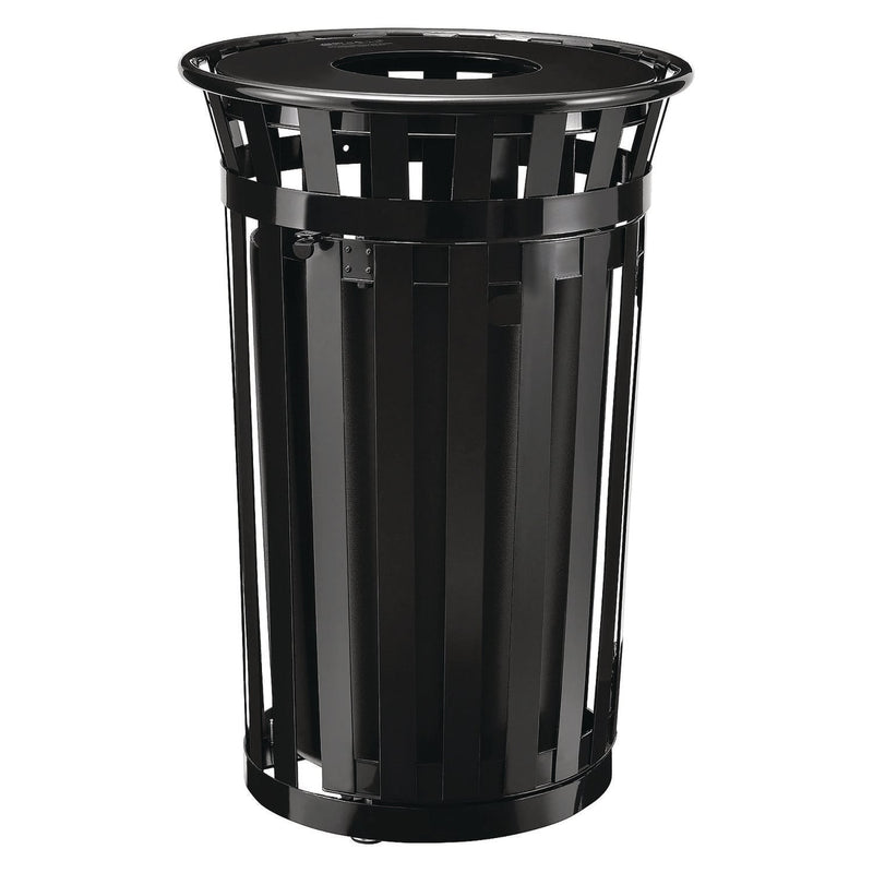 Global Industrial® Outdoor Slatted Steel Trash Can, With Access Door, 36 gal, Steel Black (GBE261940BK) Each