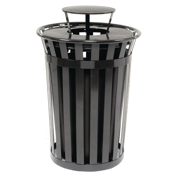 Global Industrial® Outdoor Slatted Steel Trash Can, Rain Bonnet Lid, 36 gal, Black (GBE260804BK) Each