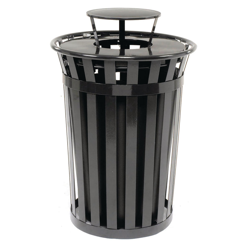 Global Industrial® Outdoor Slatted Steel Trash Can, Rain Bonnet Lid, 36 gal, Black (GBE260804BK) Each