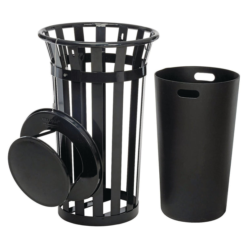 Global Industrial® Outdoor Slatted Steel Trash Can, Rain Bonnet Lid, 24 gal, Black (GBE260803BK) Each