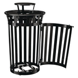 Global Industrial® Outdoor Slatted Steel Trash Can, With Access Door and Rain Bonnet Lid, 36 gal, Black (GBE261941BK) Each
