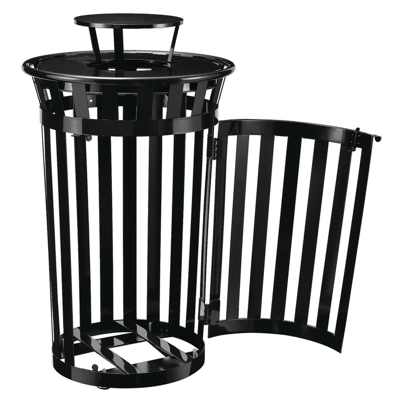 Global Industrial® Outdoor Slatted Steel Trash Can, With Access Door and Rain Bonnet Lid, 36 gal, Black (GBE261941BK) Each