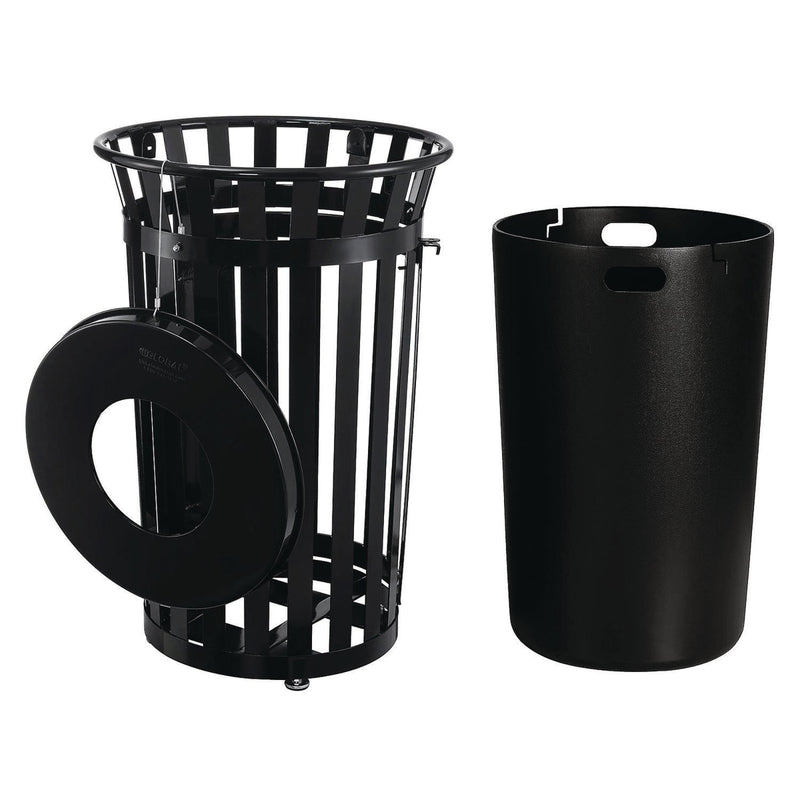 Global Industrial® Outdoor Slatted Steel Trash Can, With Access Door, 36 gal, Steel Black (GBE261940BK) Each