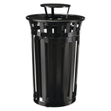 Global Industrial® Outdoor Slatted Steel Trash Can, With Access Door and Rain Bonnet Lid, 36 gal, Black (GBE261941BK) Each