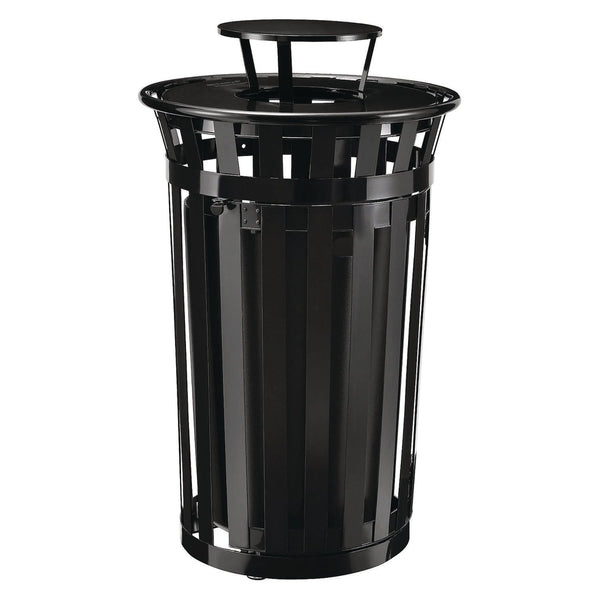 Global Industrial® Outdoor Slatted Steel Trash Can, With Access Door and Rain Bonnet Lid, 36 gal, Black (GBE261941BK) Each