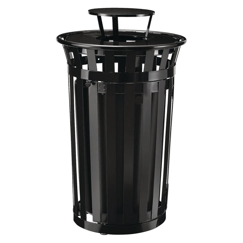 Global Industrial® Outdoor Slatted Steel Trash Can, With Access Door and Rain Bonnet Lid, 36 gal, Black (GBE261941BK) Each