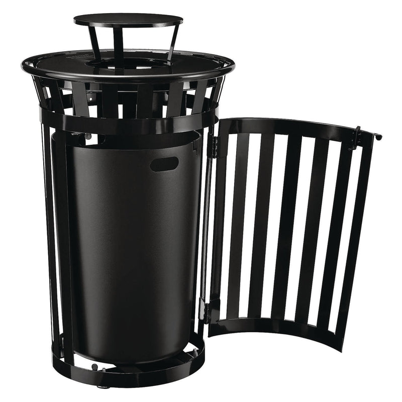 Global Industrial® Outdoor Slatted Steel Trash Can, With Access Door and Rain Bonnet Lid, 36 gal, Black (GBE261941BK) Each