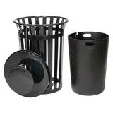 Global Industrial® Outdoor Slatted Steel Trash Can, Rain Bonnet Lid, 36 gal, Black (GBE260804BK) Each