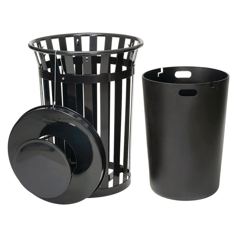 Global Industrial® Outdoor Slatted Steel Trash Can, Rain Bonnet Lid, 36 gal, Black (GBE260804BK) Each