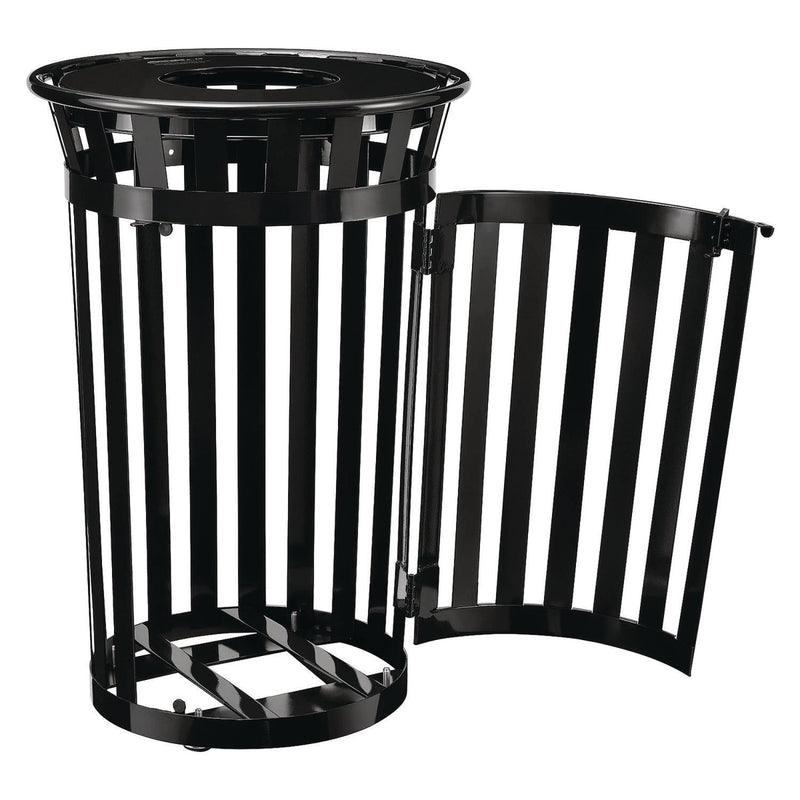 Global Industrial® Outdoor Slatted Steel Trash Can, With Access Door, 36 gal, Steel Black (GBE261940BK) Each