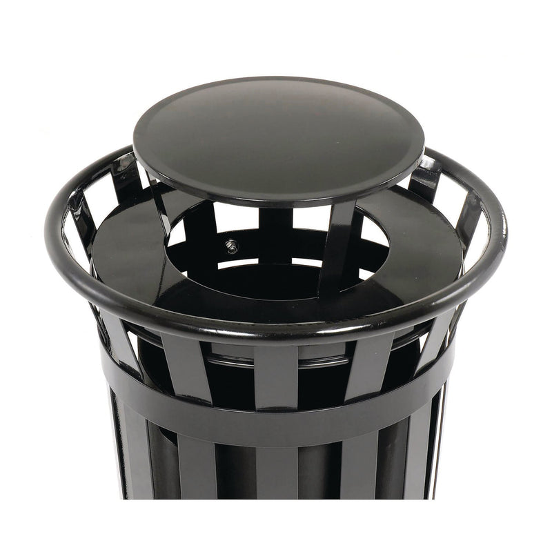 Global Industrial® Outdoor Slatted Steel Trash Can, Rain Bonnet Lid, 24 gal, Black (GBE260803BK) Each