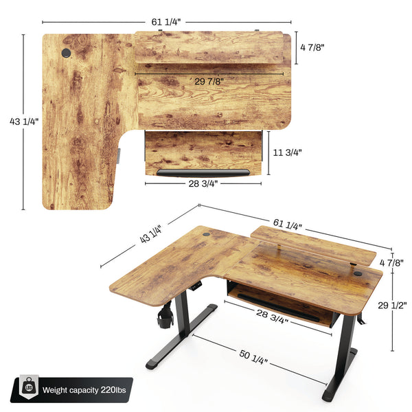 Eureka Ergonomic® L-Shaped Standing Desk with Keyboard Tray, Right Desk, 61.25" x 43.25" x 34.38" to 52.88", Rustic Brown/Black (EKAL61LRB) Each