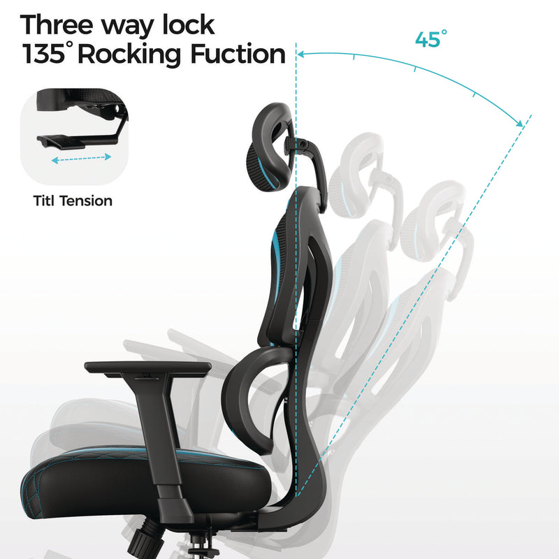 Eureka Ergonomic® Norn Ergonomic Chair, Supports Up to 275 lb, 18.11" to 22.04" Seat Height, Black/Blue Mesh Seat/Back, Black Base (EKAGC06BU) Each