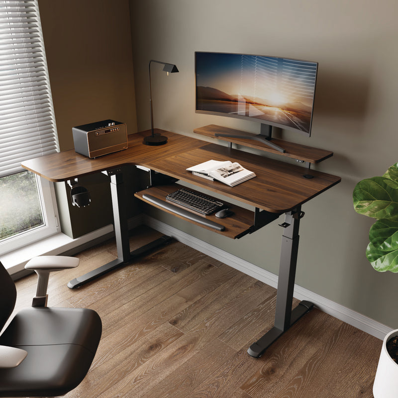 Eureka Ergonomic® L-Shaped Standing Desk with Keyboard Tray, Left Desk, 61.25" x 43.25" x 34.38" to 52.88", Walnut/Black (EKAL60LWN) Each