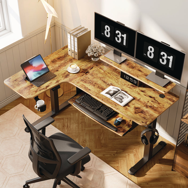 Eureka Ergonomic® L-Shaped Standing Desk with Keyboard Tray, Left Desk, 61.25" x 43.25" x 34.38" to 52.88", Rustic Brown/Black (EKAL60LRB) Each