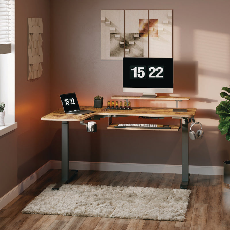 Eureka Ergonomic® L-Shaped Standing Desk with Keyboard Tray, Left Desk, 61.25" x 43.25" x 34.38" to 52.88", Rustic Brown/Black (EKAL60LRB) Each