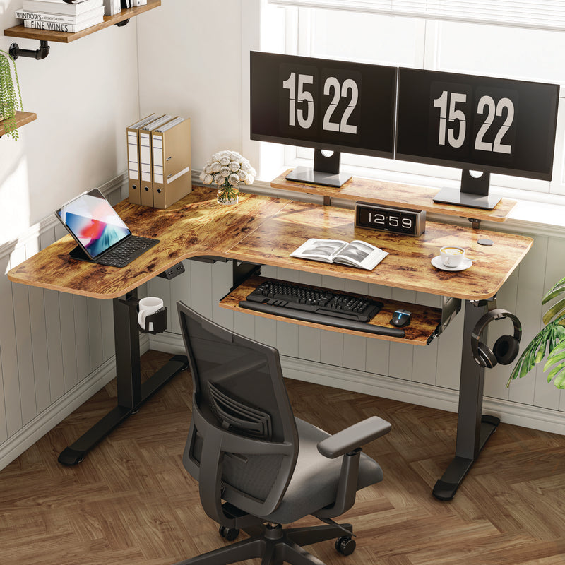 Eureka Ergonomic® L-Shaped Standing Desk with Keyboard Tray, Right Desk, 61.25" x 43.25" x 34.38" to 52.88", Rustic Brown/Black (EKAL61LRB) Each