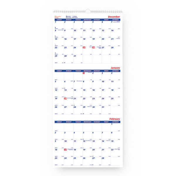 Brownline® Three-Month Wall Calendar, 12.25" x 27", White/Blue Sheets, 14-Month: Dec 2025 to Jan 2027 (REDC171128) Each