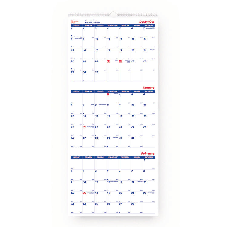 Brownline® Three-Month Wall Calendar, 12.25" x 27", White/Blue Sheets, 14-Month: Dec 2025 to Jan 2027 (REDC171128) Each