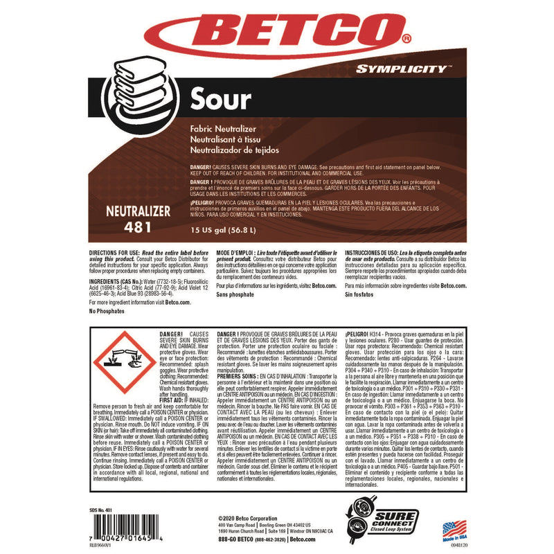 Betco Symplicity Sour Fabric Neutralizer, 15 gal Drum (BET4817700) Each