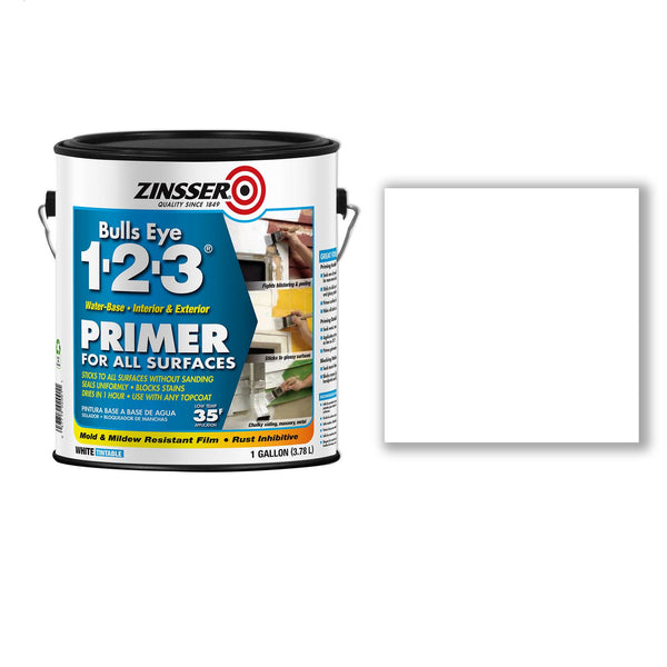 Zinsser Bulls Eye 1-2-3 Water-Base Primer, Interior/Exterior, Flat White, 1 gal Bucket/Pail, 4/Carton (RST2001CT) Case of 4