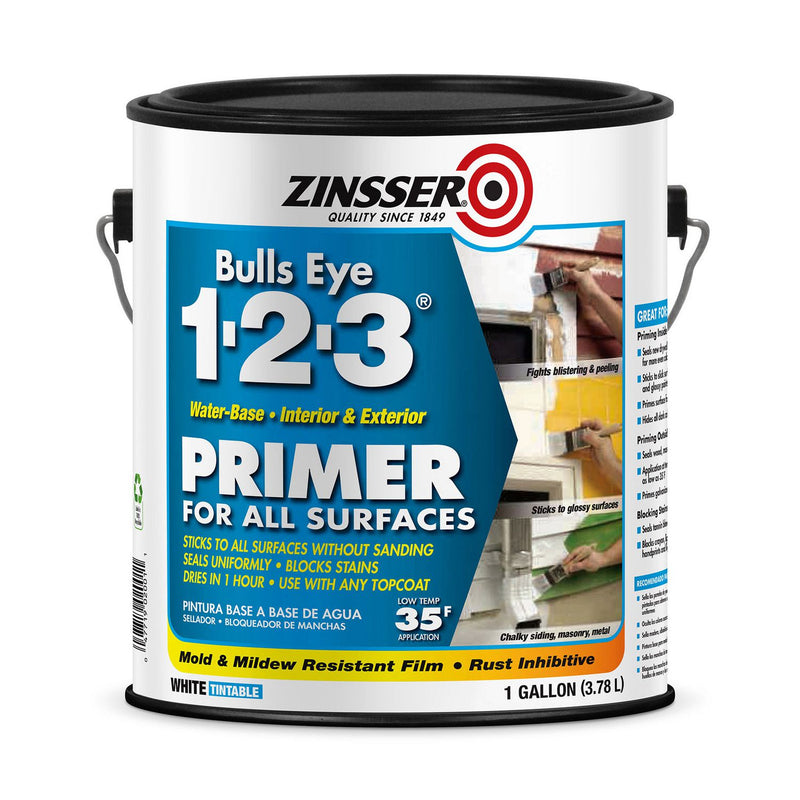 Zinsser Bulls Eye 1-2-3 Water-Base Primer, Interior/Exterior, Flat White, 1 gal Bucket/Pail, 4/Carton (RST2001CT) Case of 4