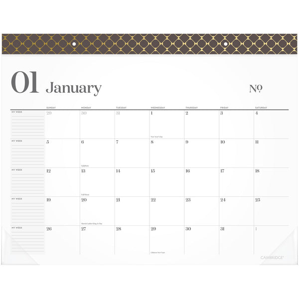 Cambridge® WorkStyle Monthly Desk Pad Calendar, 21.75 x 17, White Sheets, Brown/Gold Headband, Clear Corners, 12-Month (Jan-Dec): 2025 (AAG160670404) Each