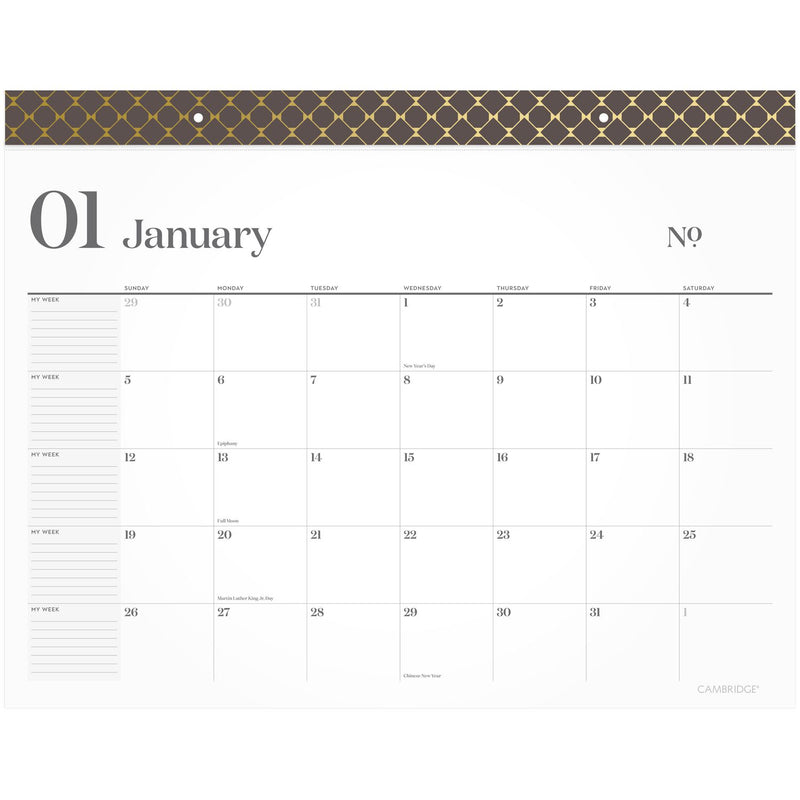 Cambridge® WorkStyle Monthly Desk Pad Calendar, 21.75 x 17, White Sheets, Brown/Gold Headband, Clear Corners, 12-Month (Jan-Dec): 2025 (AAG160670404) Each