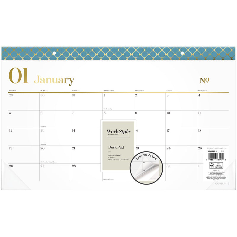 Cambridge® WorkStyle Compact Monthly Desk Pad Calendar, 17.75 x 11, White Sheets, Blue/Gold Headband, 12-Month (Jan to Dec): 2025 (AAG160670512) Each