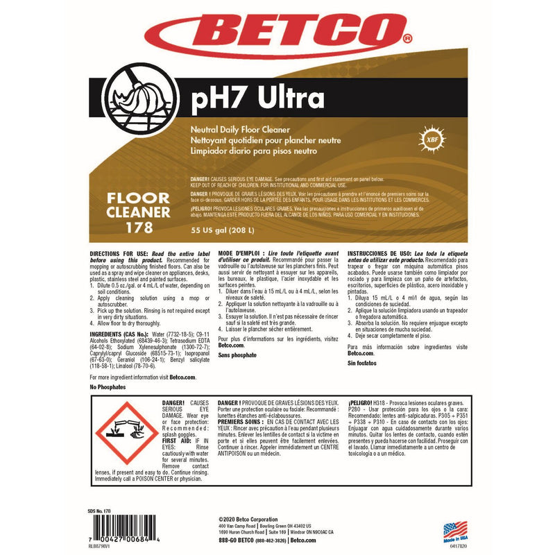 Betco® pH7 Ultra Floor Cleaner, Lemon Scent, 55 gal Drum (BET1785500) Each