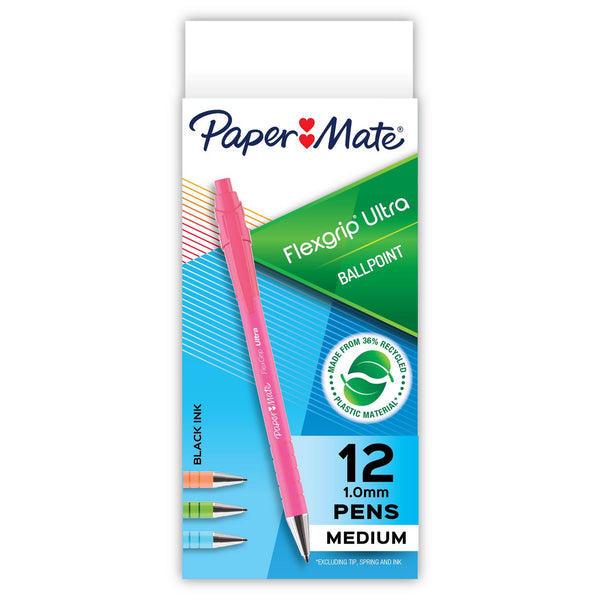 Sharpie FlexGrip Ultra Recycled Ballpoint Pen, Retractable, Medium, 1 mm, Black Ink, Assorted Barrels, Dozen (PAP2204001) 1 Dozen
