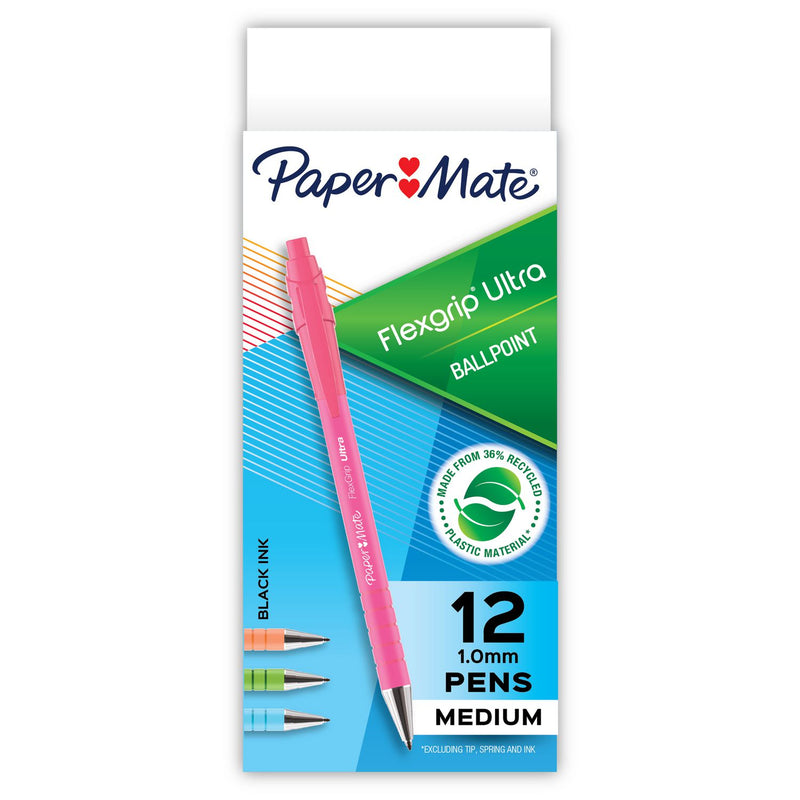 Sharpie FlexGrip Ultra Recycled Ballpoint Pen, Retractable, Medium, 1 mm, Black Ink, Assorted Barrels, Dozen (PAP2204001) 1 Dozen