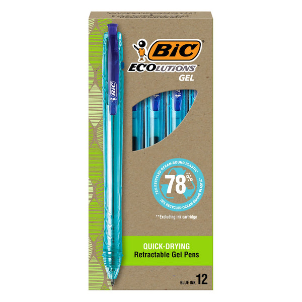 BIC Ecolutions Gel Pen, Retractable, Medium 1 mm, Blue Ink, Blue Barrel, Dozen (BICRGLE11BE) 1 Dozen