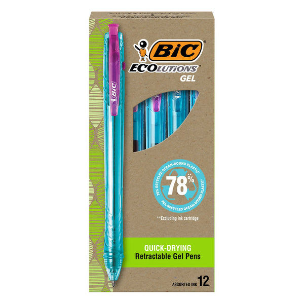 BIC Ecolutions Gel Pen, Retractable, Medium 1 mm, Assorted Ink, Blue Barrel, Dozen (BICBICRGLE11AST) 1 Dozen