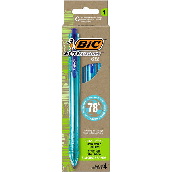 BIC® Ecolutions Gel Pen, Retractable, Medium 1 mm, Blue Ink, Blue Barrel, 4/Pack (BICRGLE4BE)